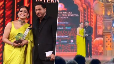 Dadasaheb Phalke International Film Festival Awards 2024: Shah Rukh Khan Kisses Nayanthara and Does ‘Chaleya’ Hook Step While Presenting Her With Best Actress Award (Watch Video)